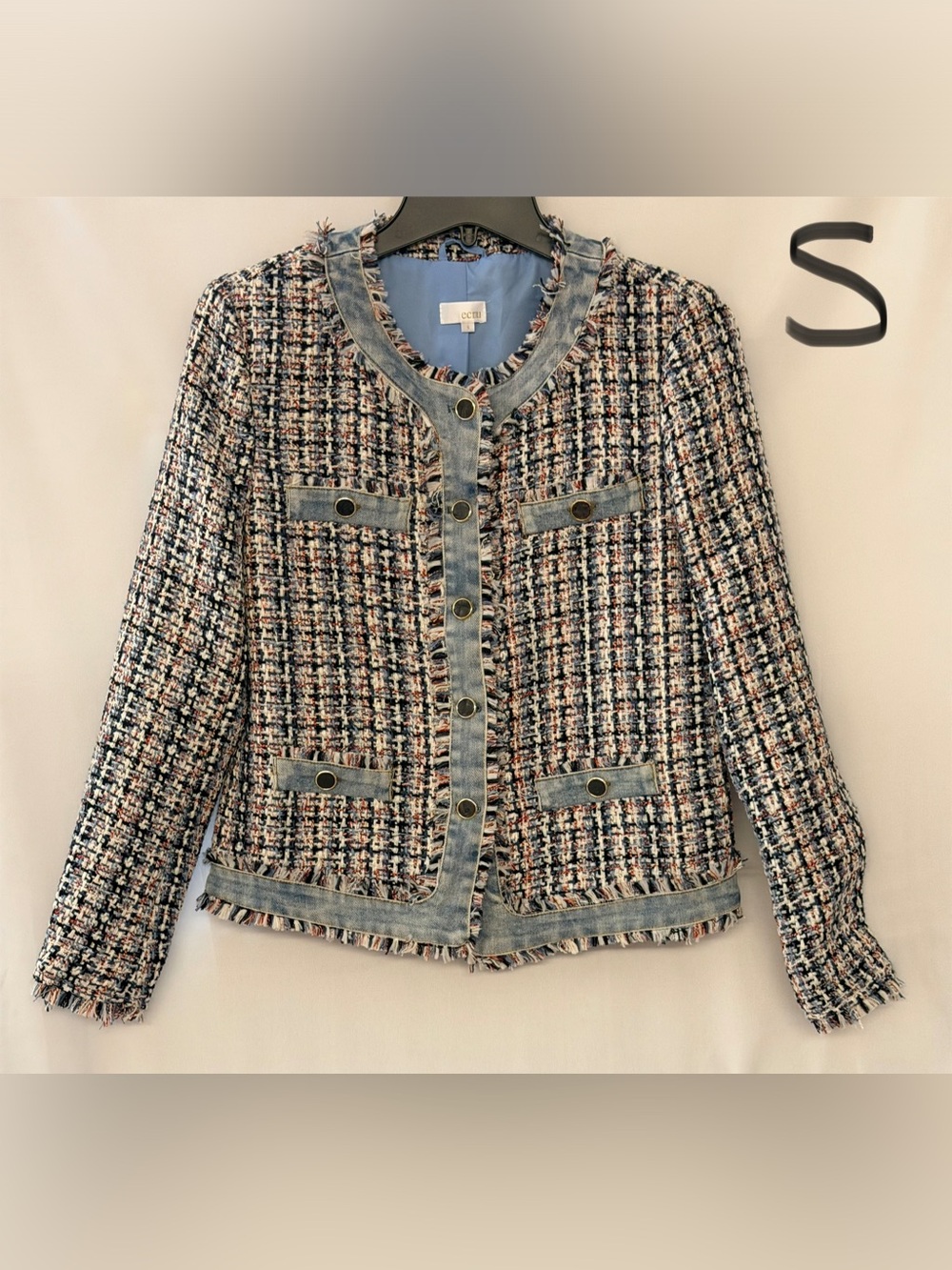 ecru Blue Tweed Blazer with Denim Trim